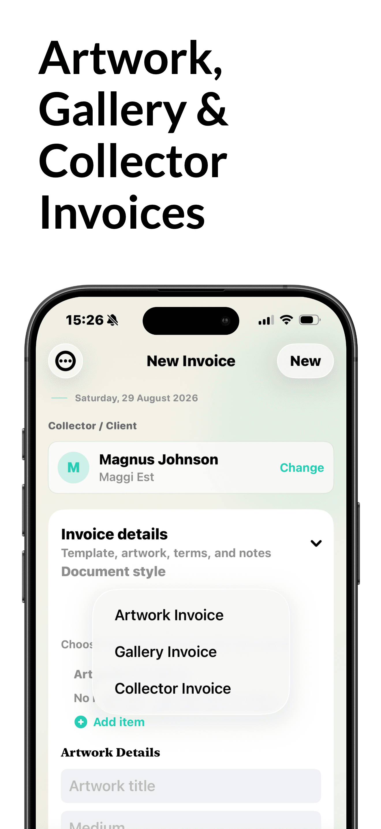 NotaBill Studio artwork, gallery, and collector invoice screen on iPhone