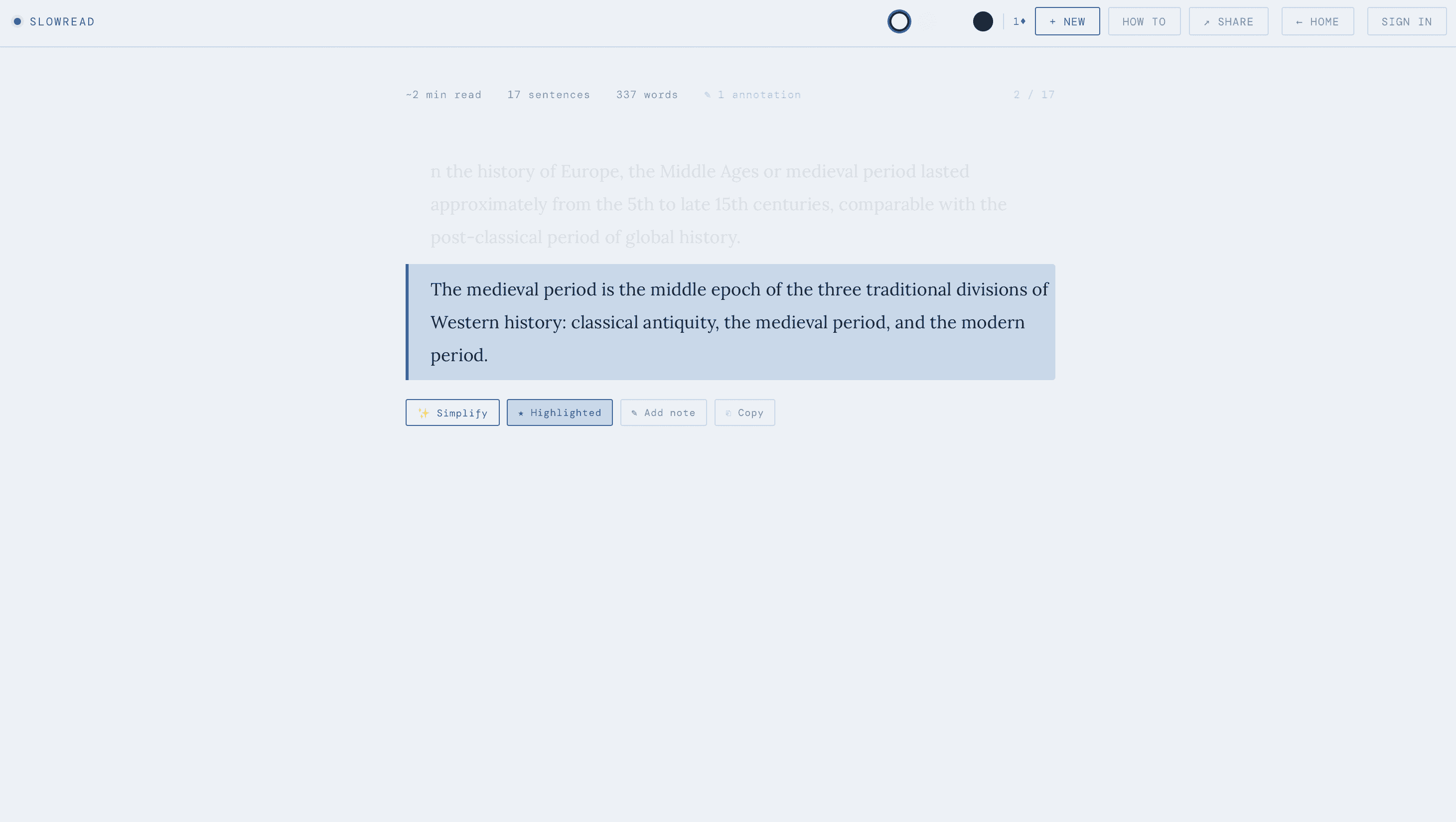 SlowRead screenshot showing focused reading mode