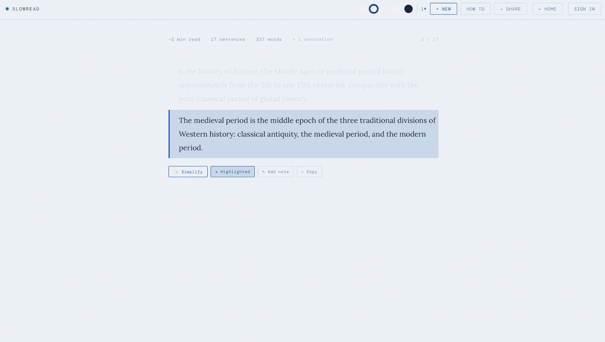 SlowRead screenshot showing focused reading mode