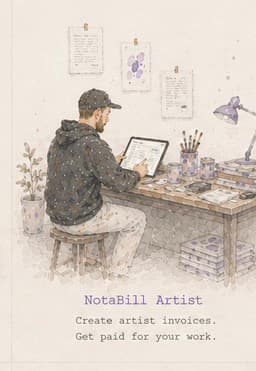 Watercolor scene — a painter writing invoices at the studio desk