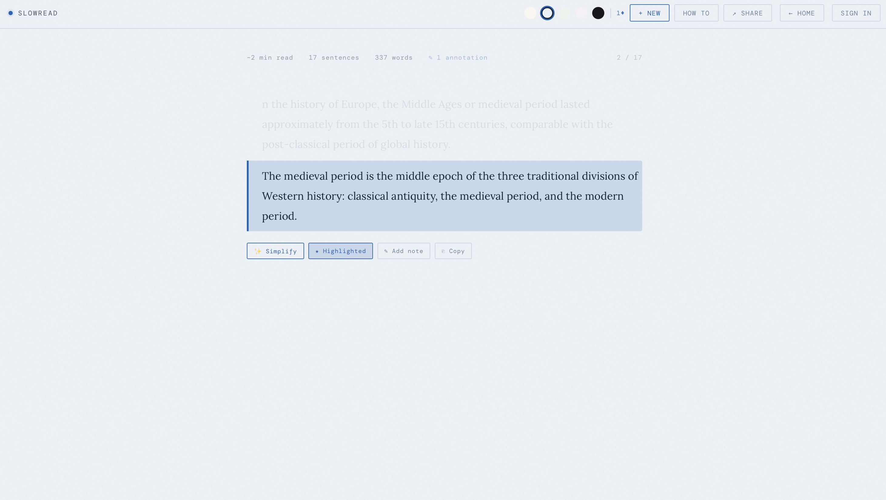 SlowRead screenshot showing focused reading mode