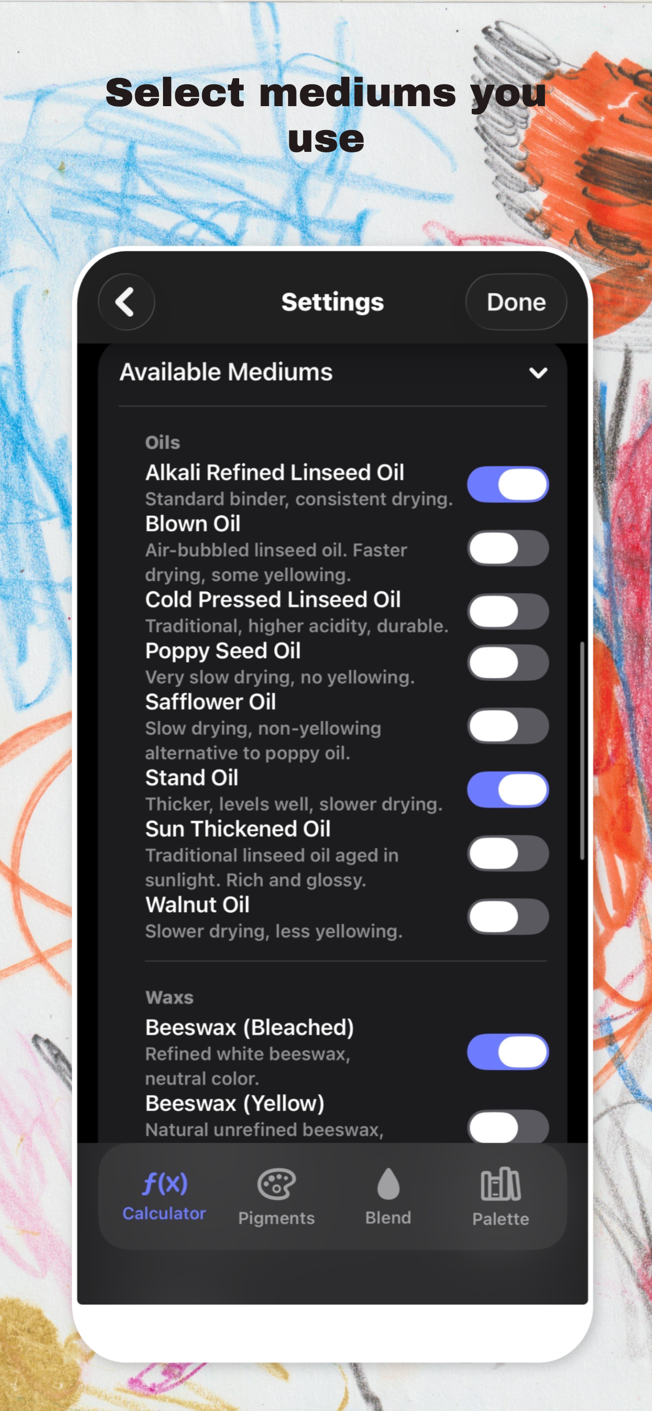 Wax & Pigment mix overview screenshot